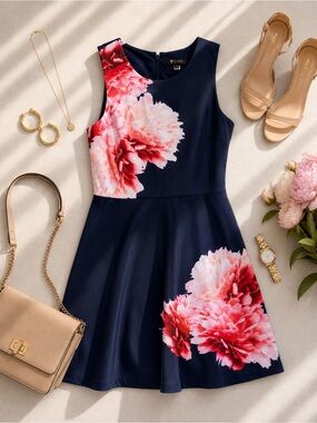 Guess Navy Mini Dress with Pink Floral Print size 12